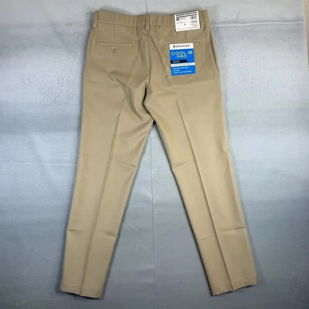 Haggar Pants Mens 33x30 Khaki Cool 18 Pro Slim Fit Flat Front Stretch Chino